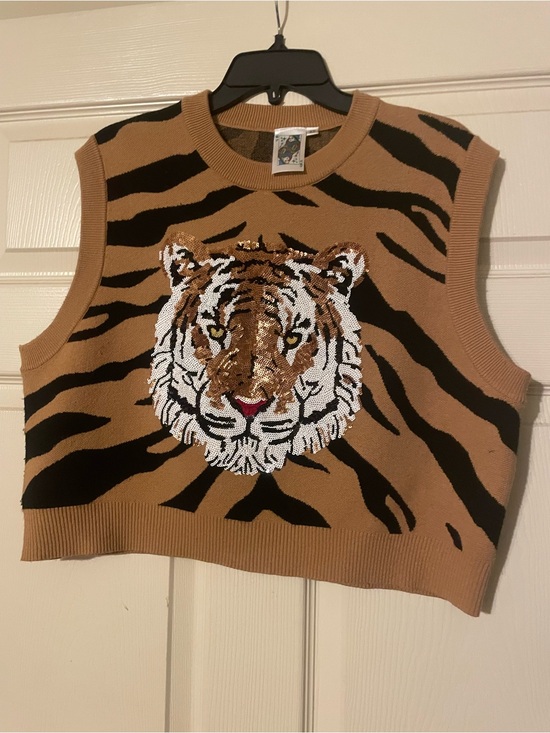 QUEEN OF SPARKLES Tops - QUEEN OF SPARKLES Tan & Black Tiger Sequin Knit Vest